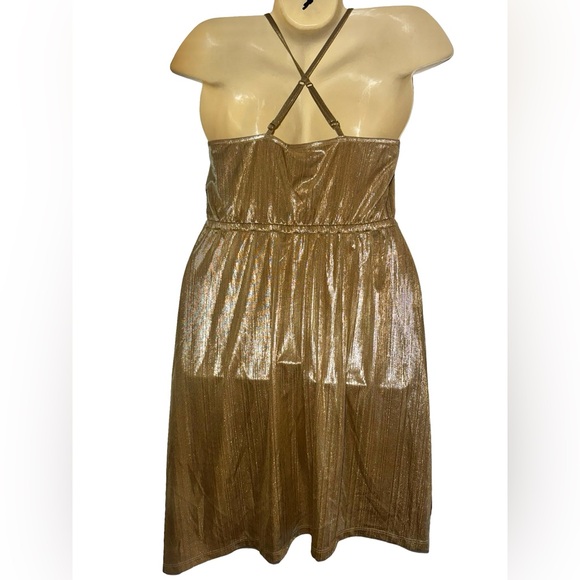 Metallic Gold Halter Dress - Sleeveless Evening Dress - Picture 3 of 3